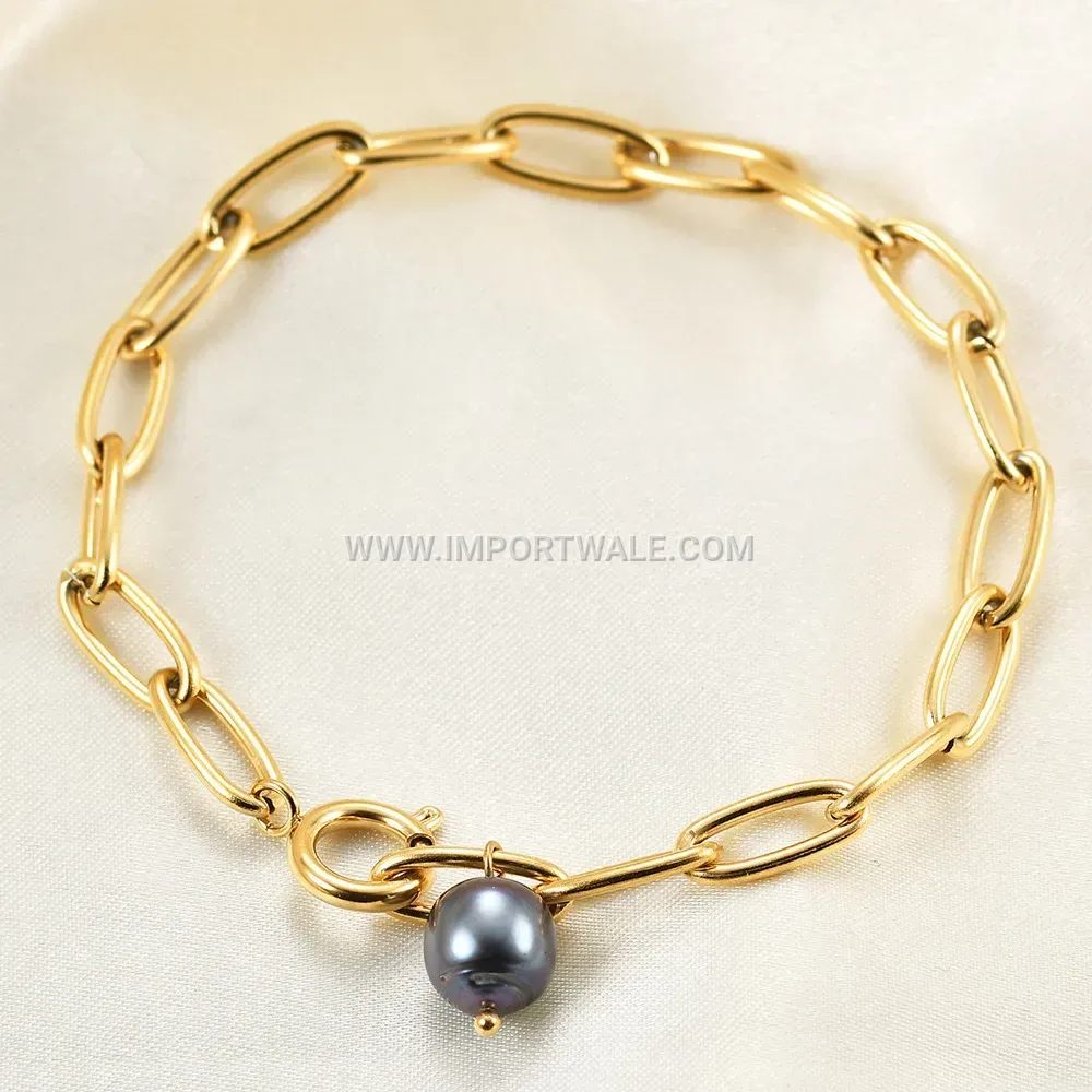 Minimalist Black Faux Pearl Paperclip Chain Stainless Steel Bracelet