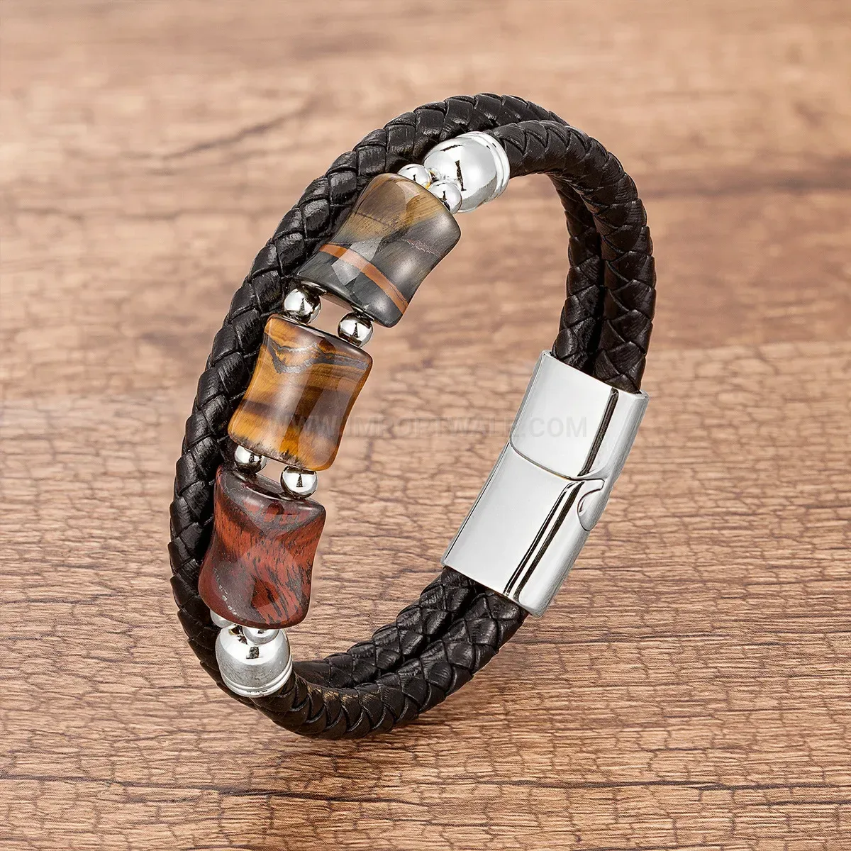 Handcrafted Woven Leather Tiger Eye Stone Stainless Steel Bracelet