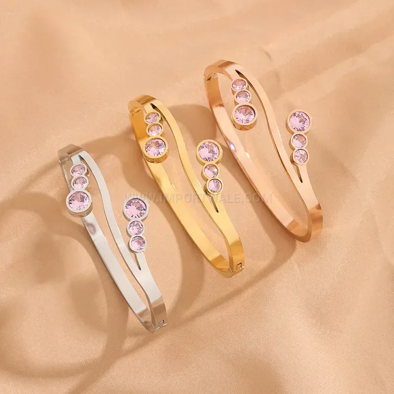 Pink Crystal Accent Titanium Steel Bangle