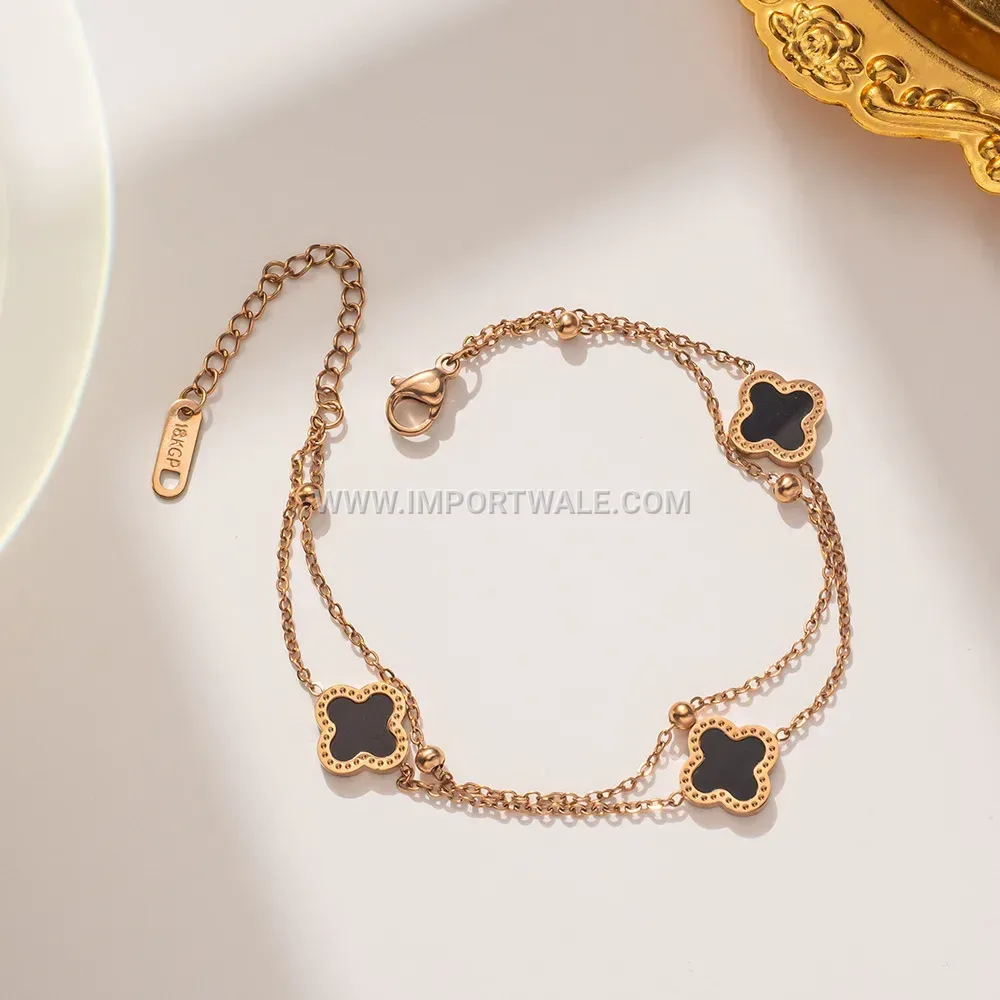 Double Layer Four Leaf Clover Gold Stainless Steel Anklet