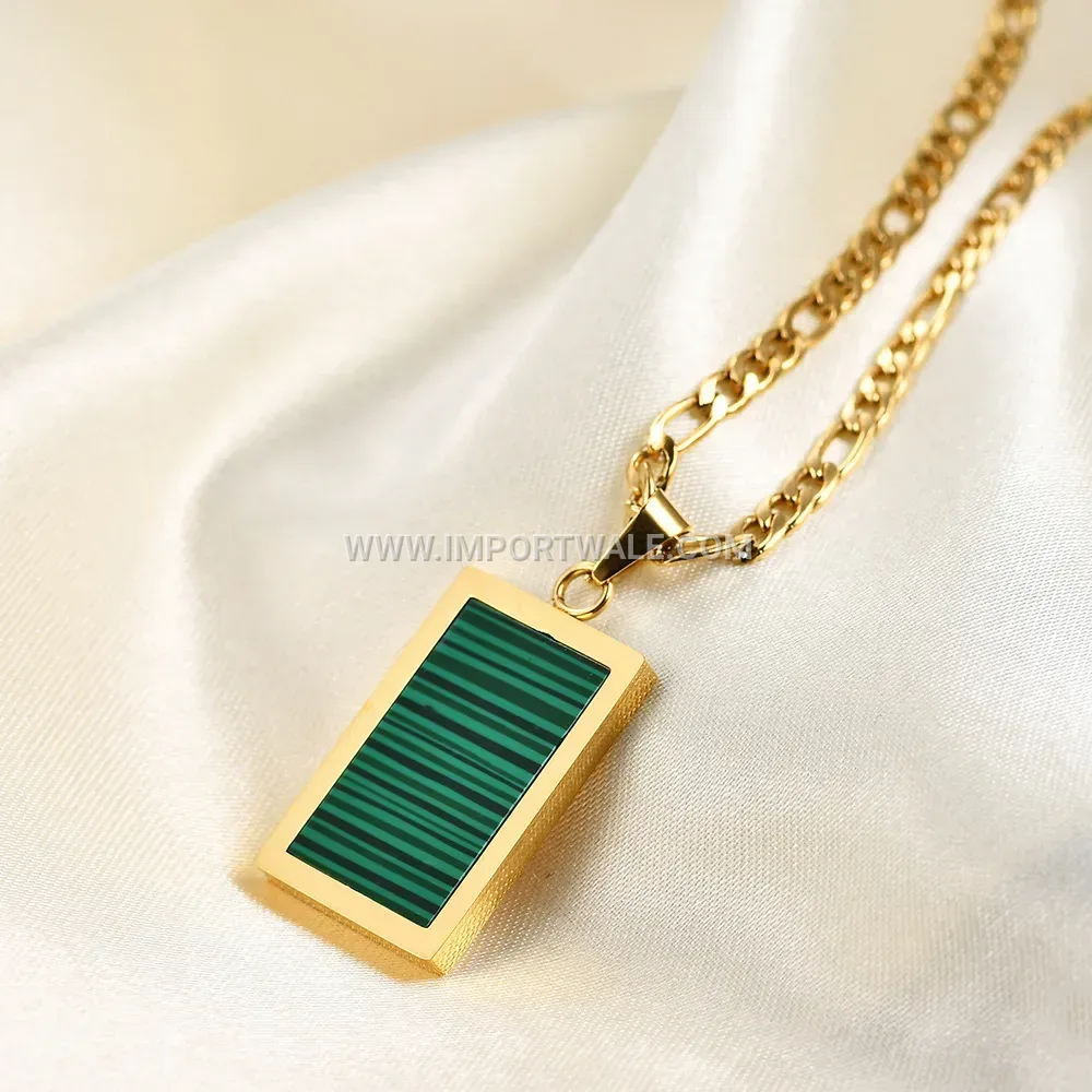 Rectangular Shell and Agate Stainless Steel Pendant Necklace