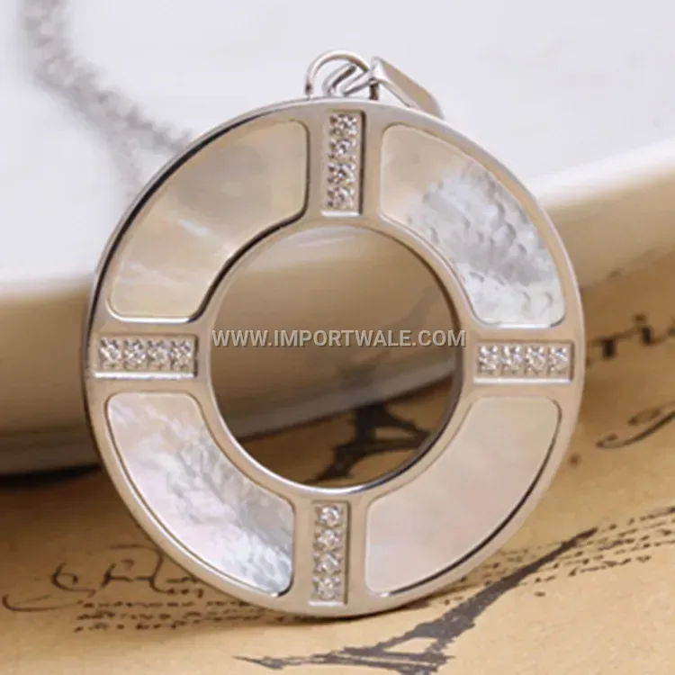 Layered Stainless Steel Shell Ring Pendant Necklace with Rhinestones