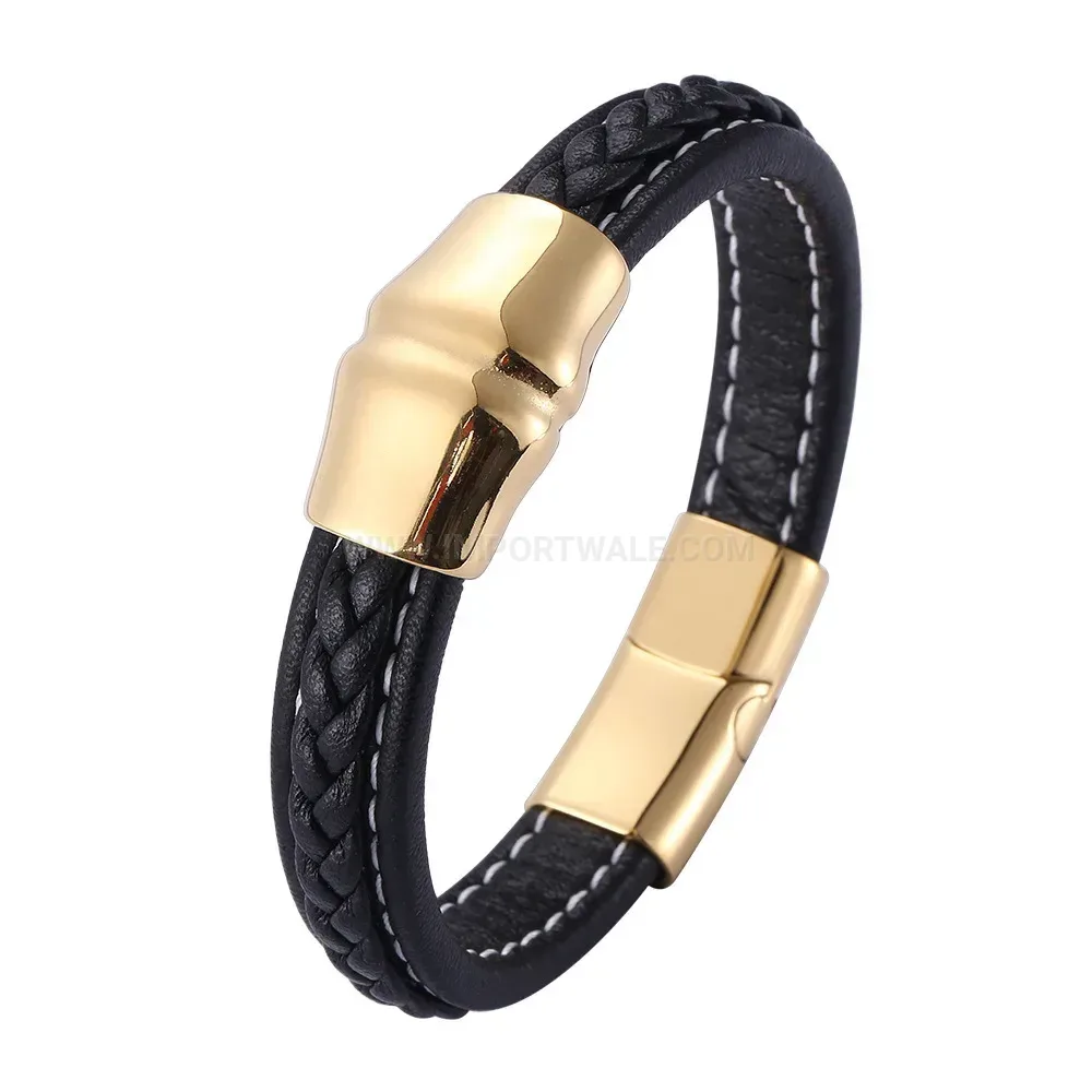 Braided Leather Wristband with Gold Tone Stainless Steel Clasp