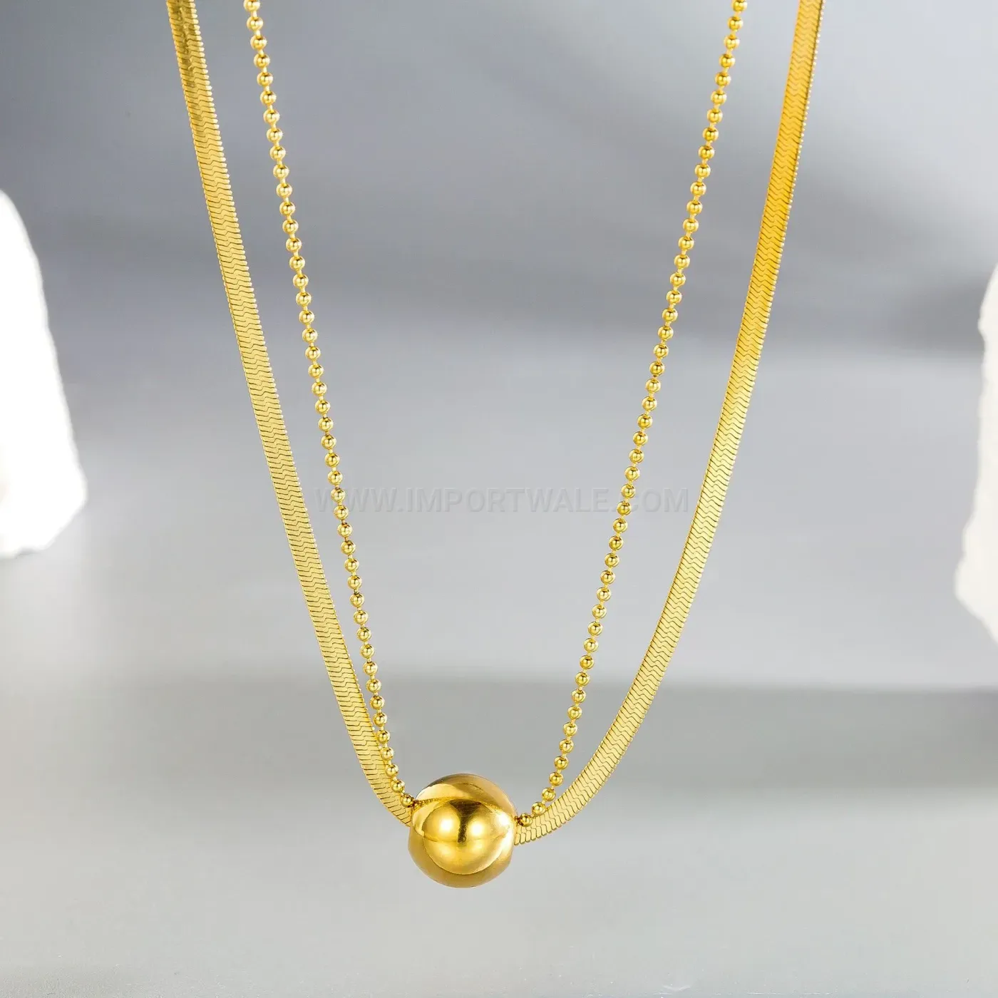 Chic Gold Plated Titanium Steel Layered Cuban Chain Necklace with Bead Accent