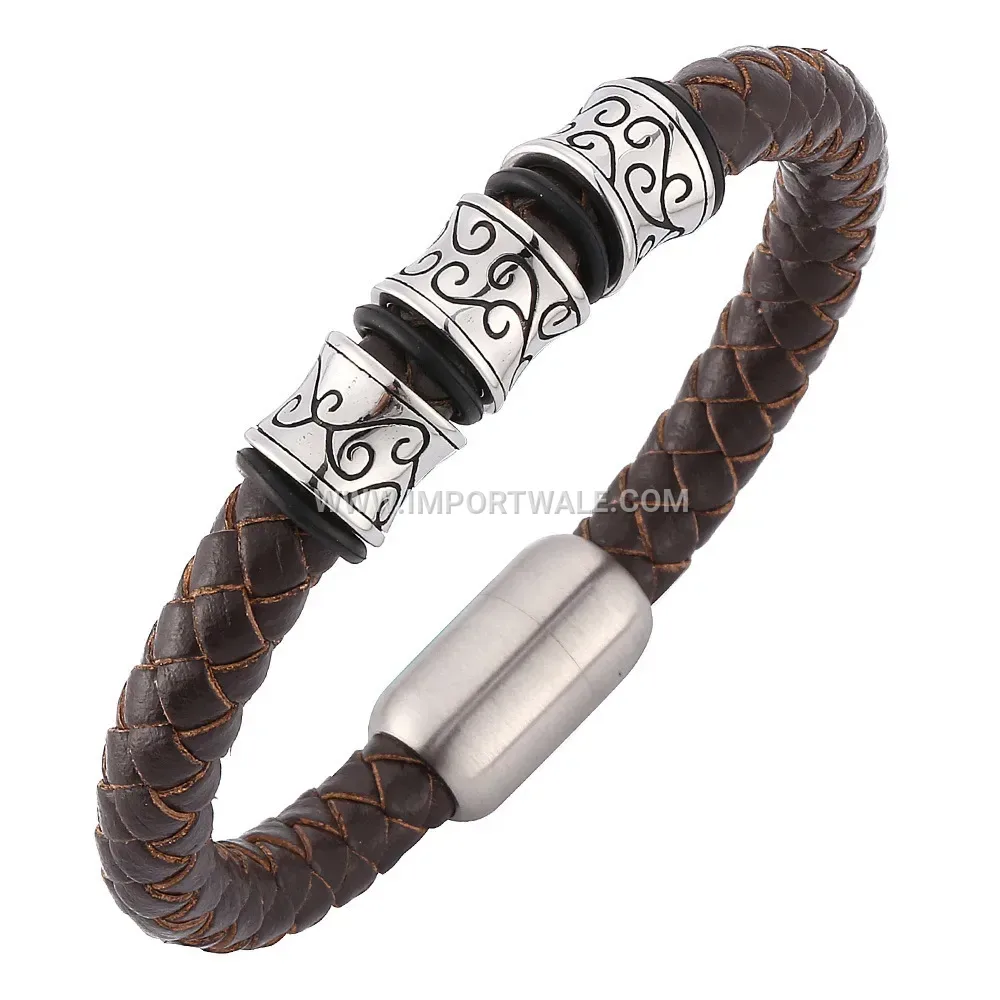 Minimalist Brown Leather Stainless Steel Magnetic Clasp Men Bracelet
