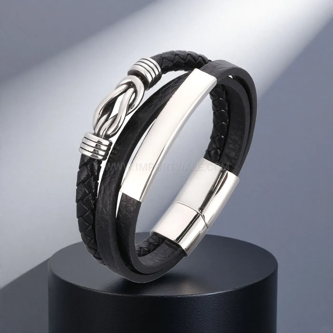 Multi-Strand Black Leather Cuff Bracelet with Plated Stainless Clasp