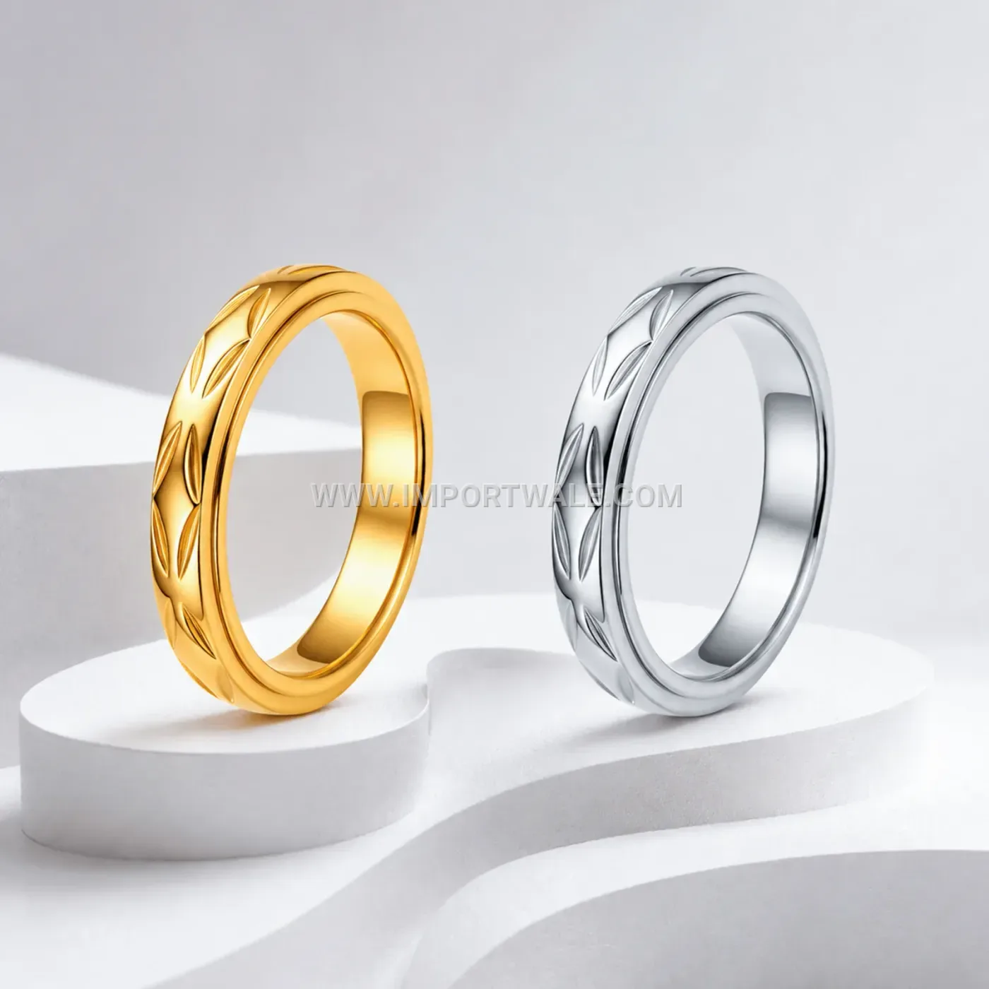 Carved Leaf Motif Stainless Steel Spinner Band Ring