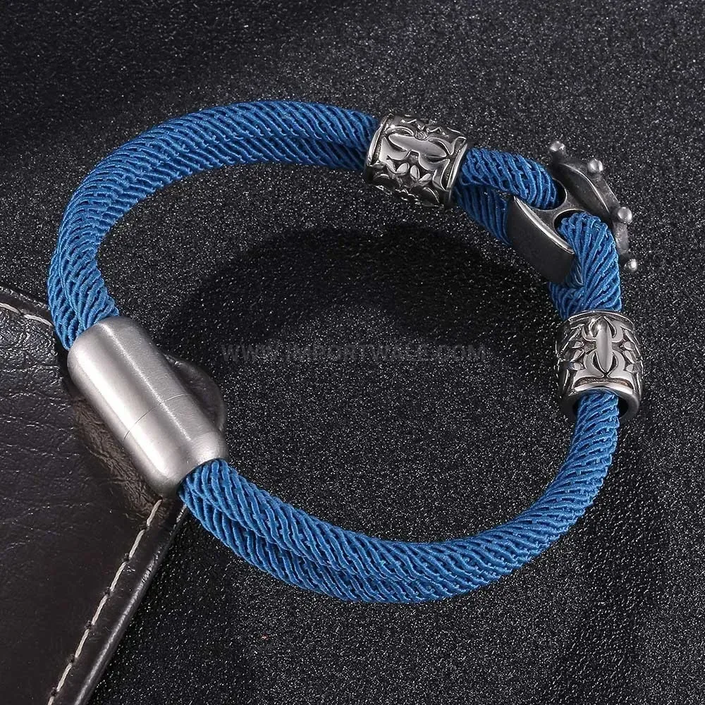 Blue Milan Cord Stainless Steel Anchor Bracelet with Magnetic Clasp