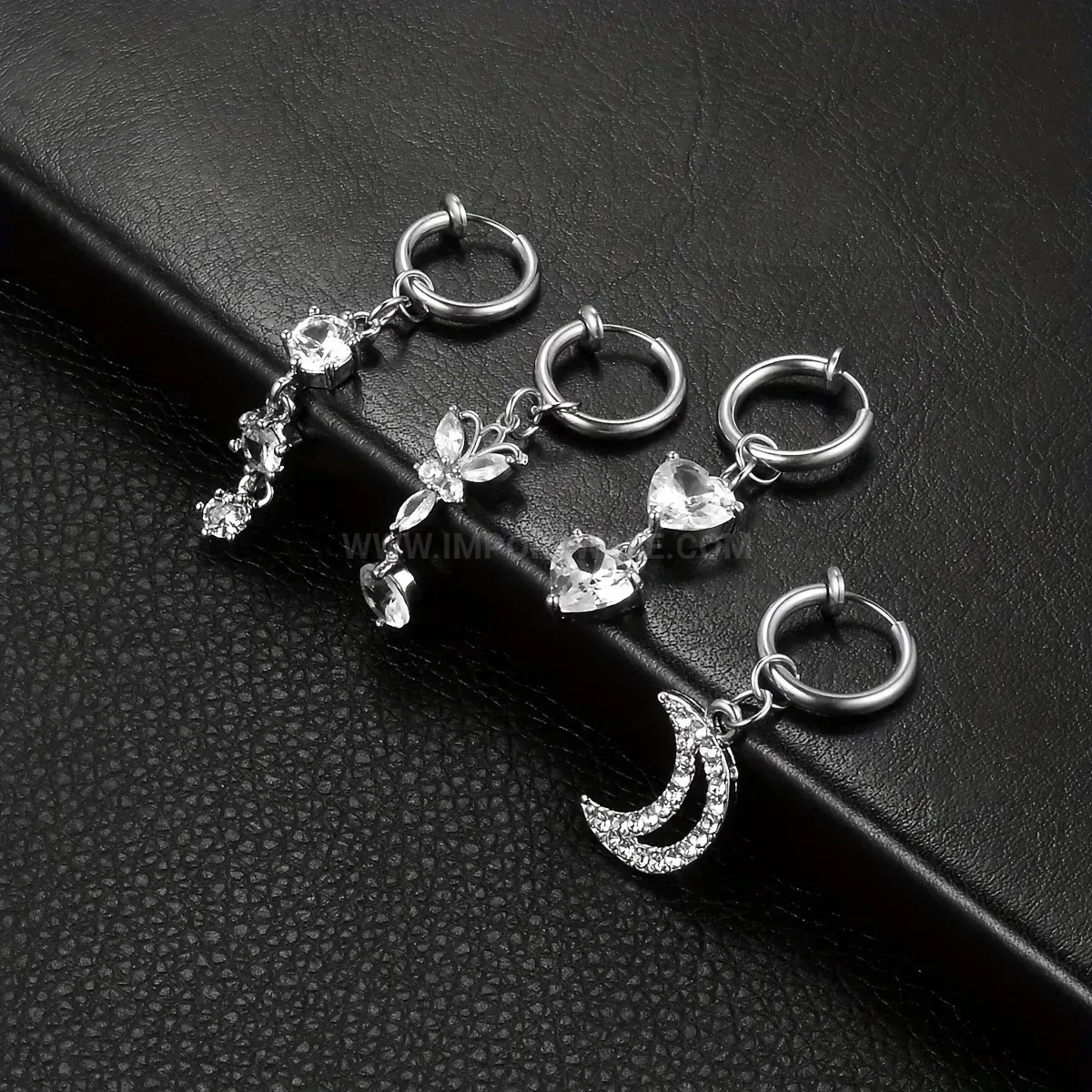 Premium Butterfly Moon Heart Charm Stainless Steel Piercing Ear Hoop Set