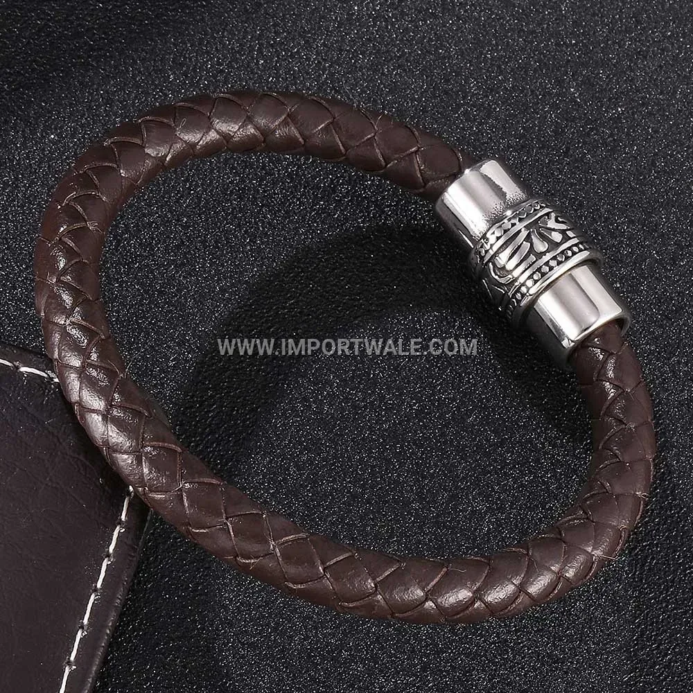 Braided Leather Wristband with Vintage Stainless Steel Magnetic Clasp