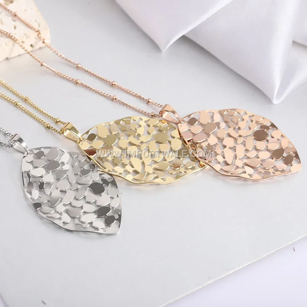 Filigree Cutout Leaf Pendant Stainless Steel Chain Necklace