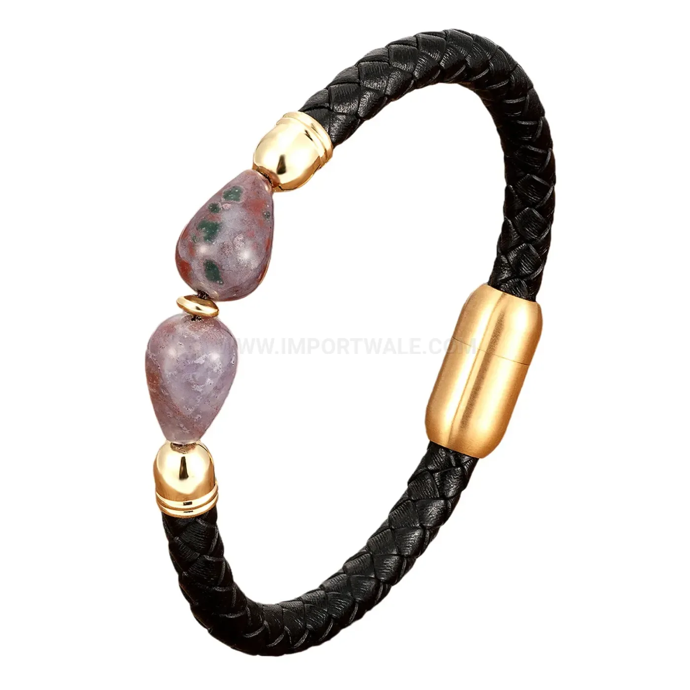 Minimalist Stone and Woven Leather Bracelet with Steel Clasp