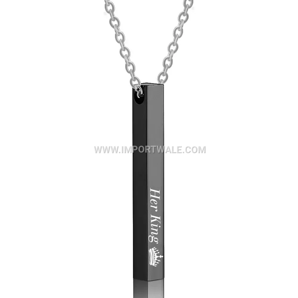 Crown Engraved Vertical Bar Pendant Stainless Steel Pendant Necklace