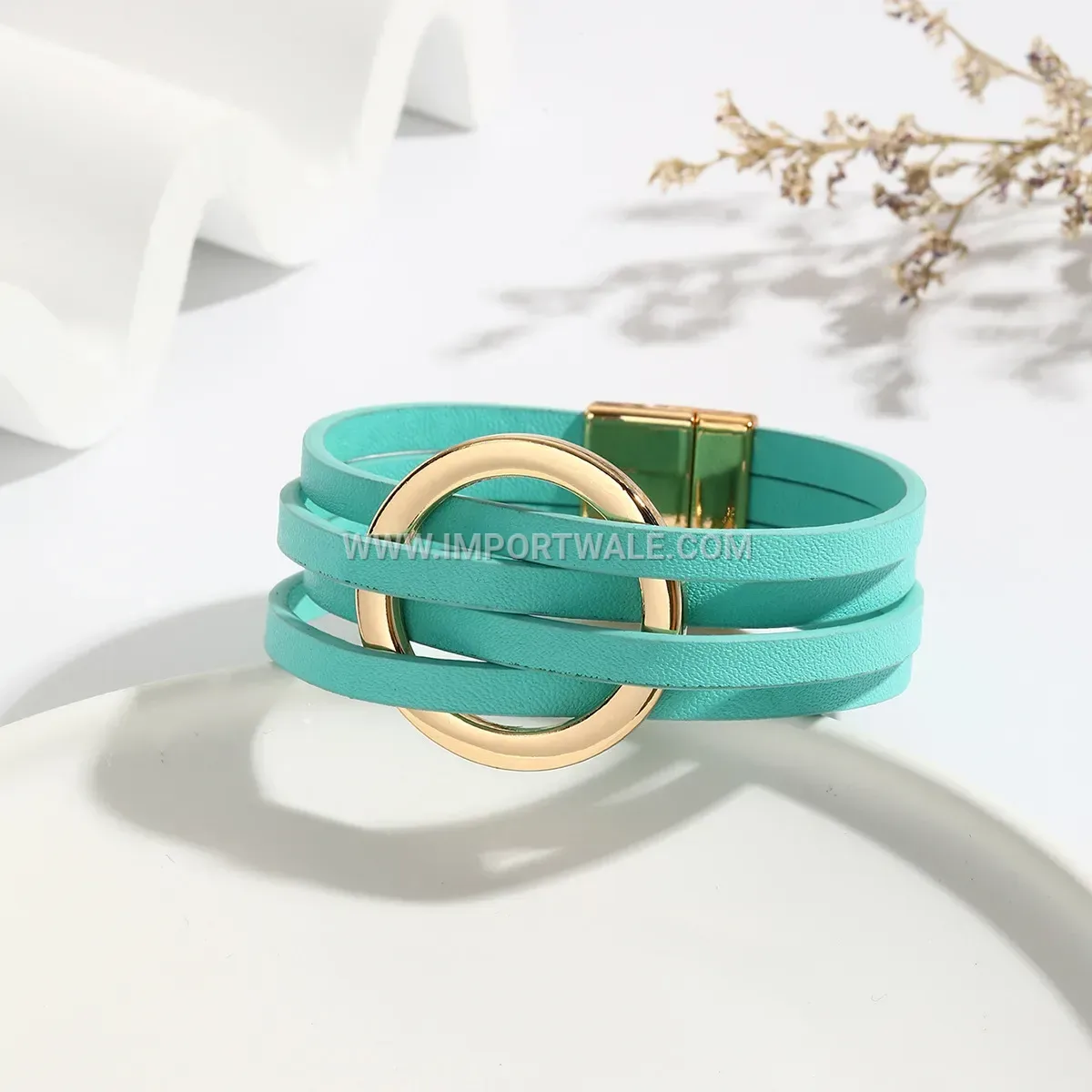 Layered Alloy and Leather Cuff Bracelet with O-Ring Clasp