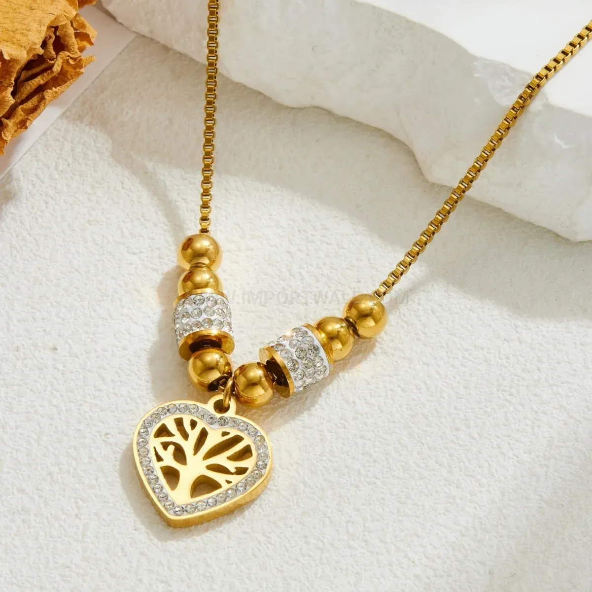 Stylish Gold Plated Stainless Steel Tree of Life Heart Pendant Necklace