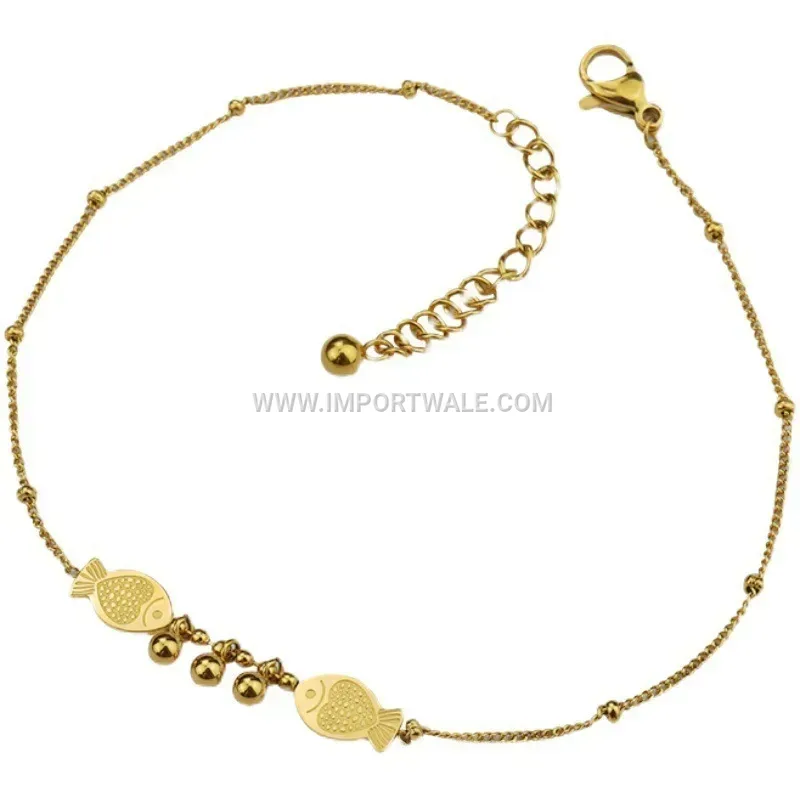 Gold Stainless Steel Fish Charm Bead Anklet