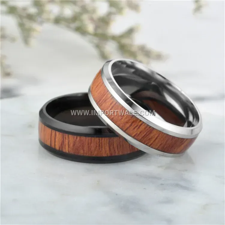 Wood Grain Inlaid Stainless Steel Band Ring