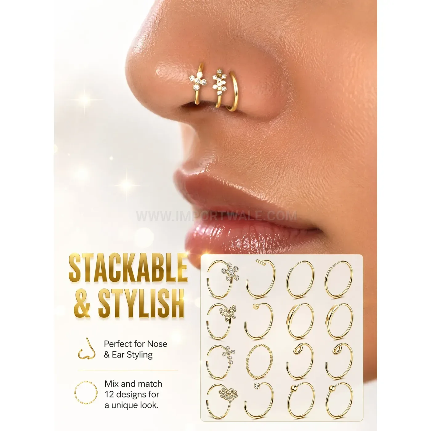 Designer Versatile Straight Bar Nose Ring and Lip Stud Piercing Set