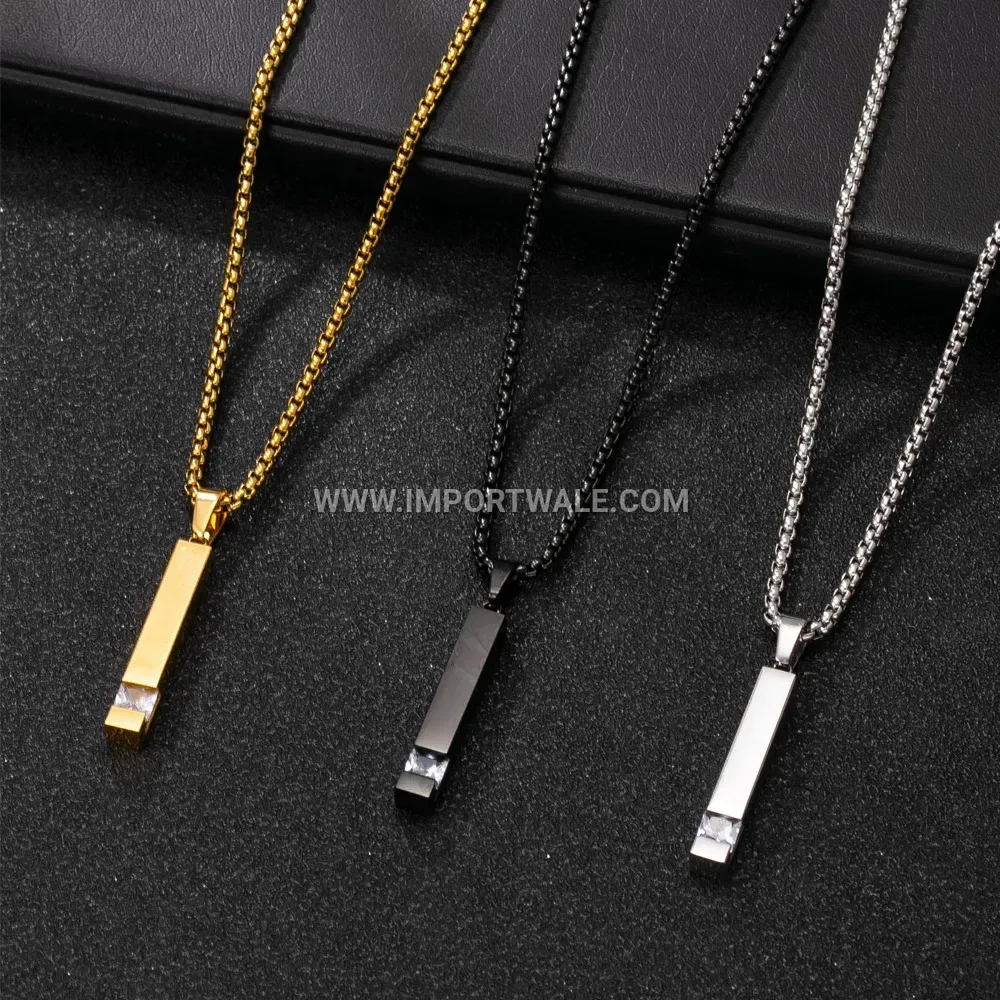 Geometric Stainless Steel Pendant Necklace Inlaid with Zirconia Accent
