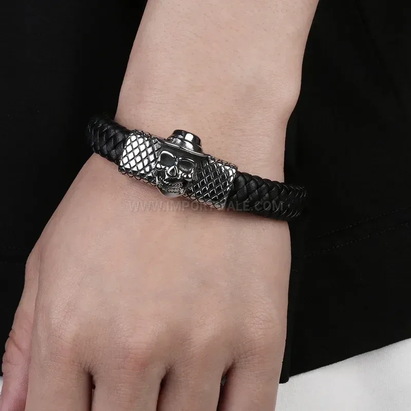 Textured Microfiber Leather Strap Bracelet with Stainless Steel Hooded Skull