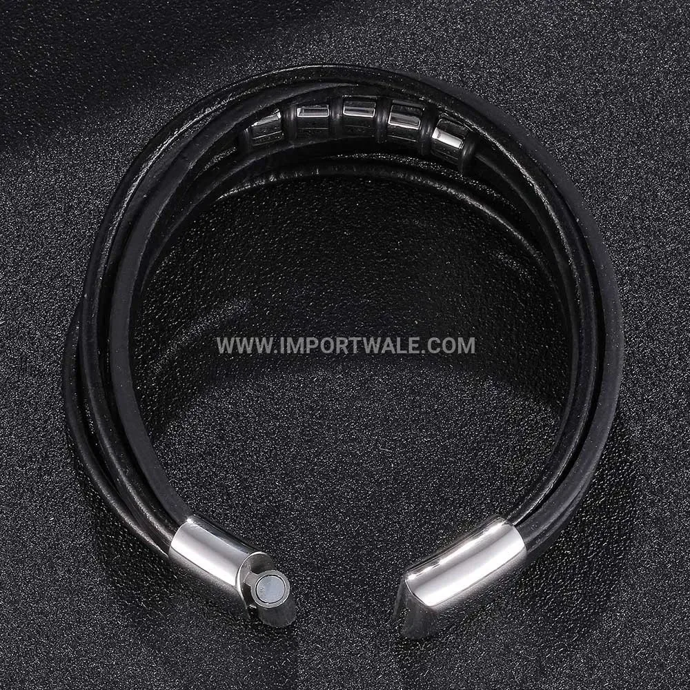 Multi Strand Braided Leather Stainless Steel Men Wristband