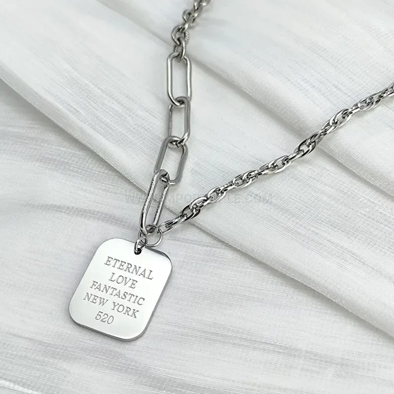 Designer Irregular Titanium Steel Square Tag Letter Pendant Chain Necklace