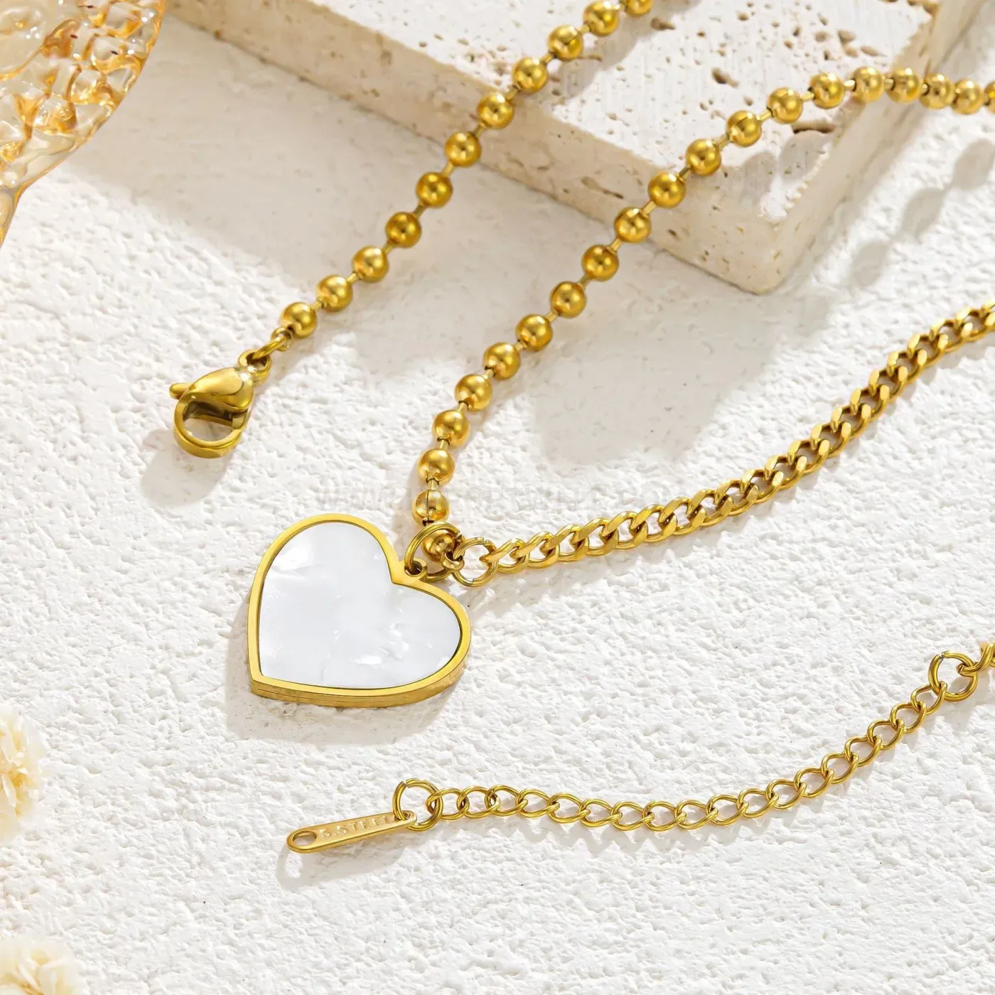 Premium Stainless Steel Heart White Mother of Pearl Pendant Necklace