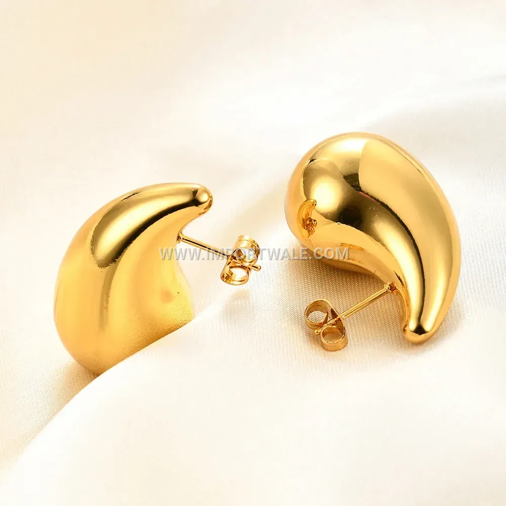 Hollow Teardrop Stainless Steel Stud Earrings in Plated Gold