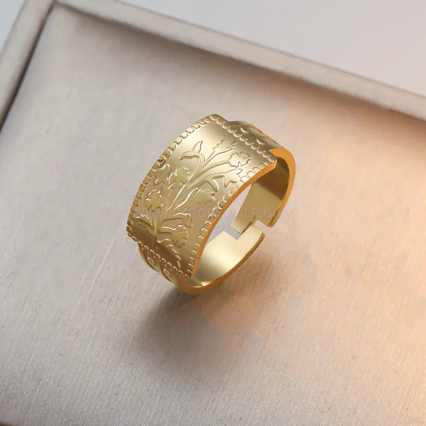Designer Bohemian Floral Embossed Open Cuff Stainless Steel Ring