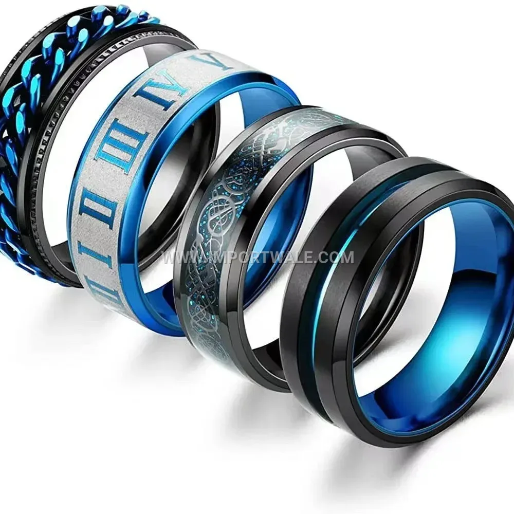 Blue Roman Numeral and Dragon Motif Ring Set