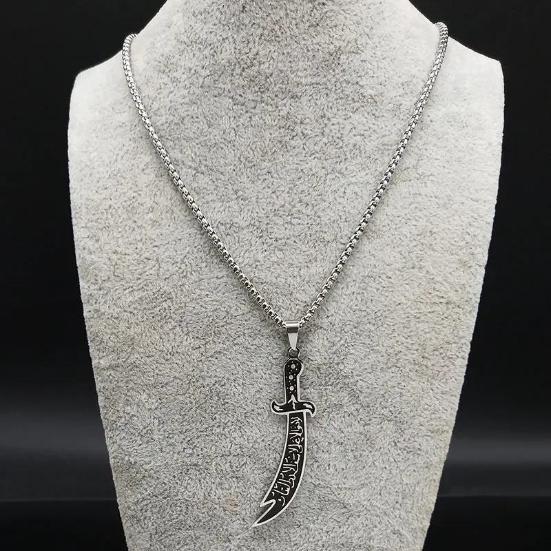 Modern Platinum Plated Stainless Steel Sword Calligraphy Pendant Necklace