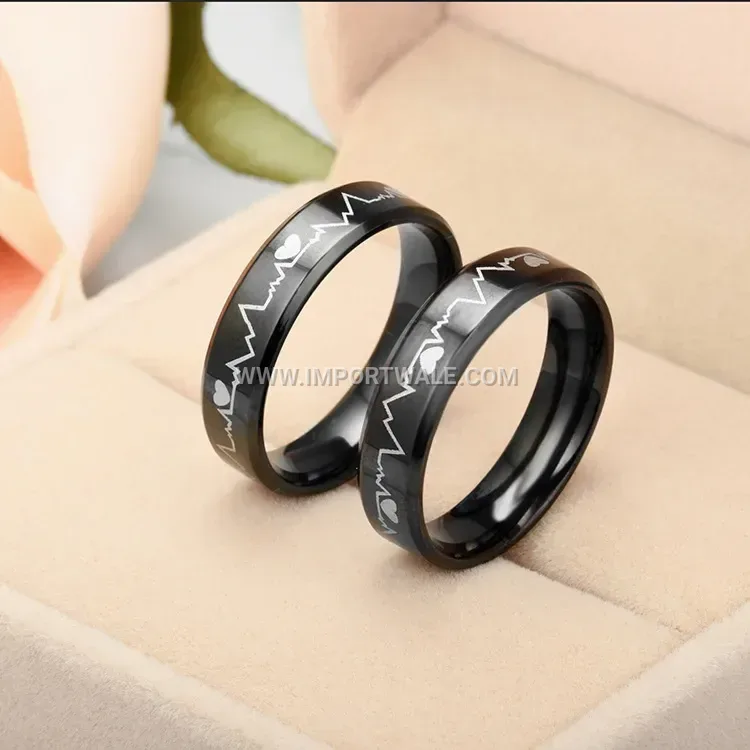 Black Heartbeat EKG Titanium Steel Band Ring