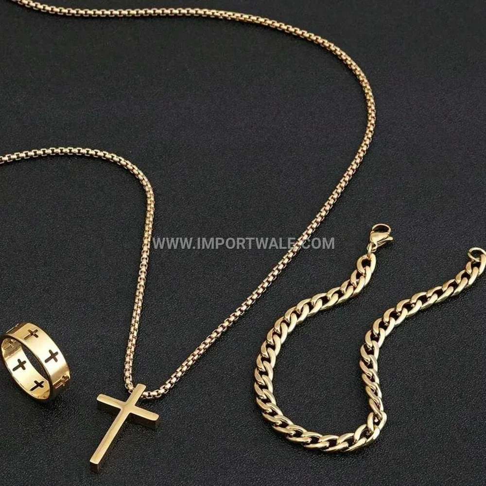 Trendy Stainless Steel Cross Motif Three Piece Jewelry Set