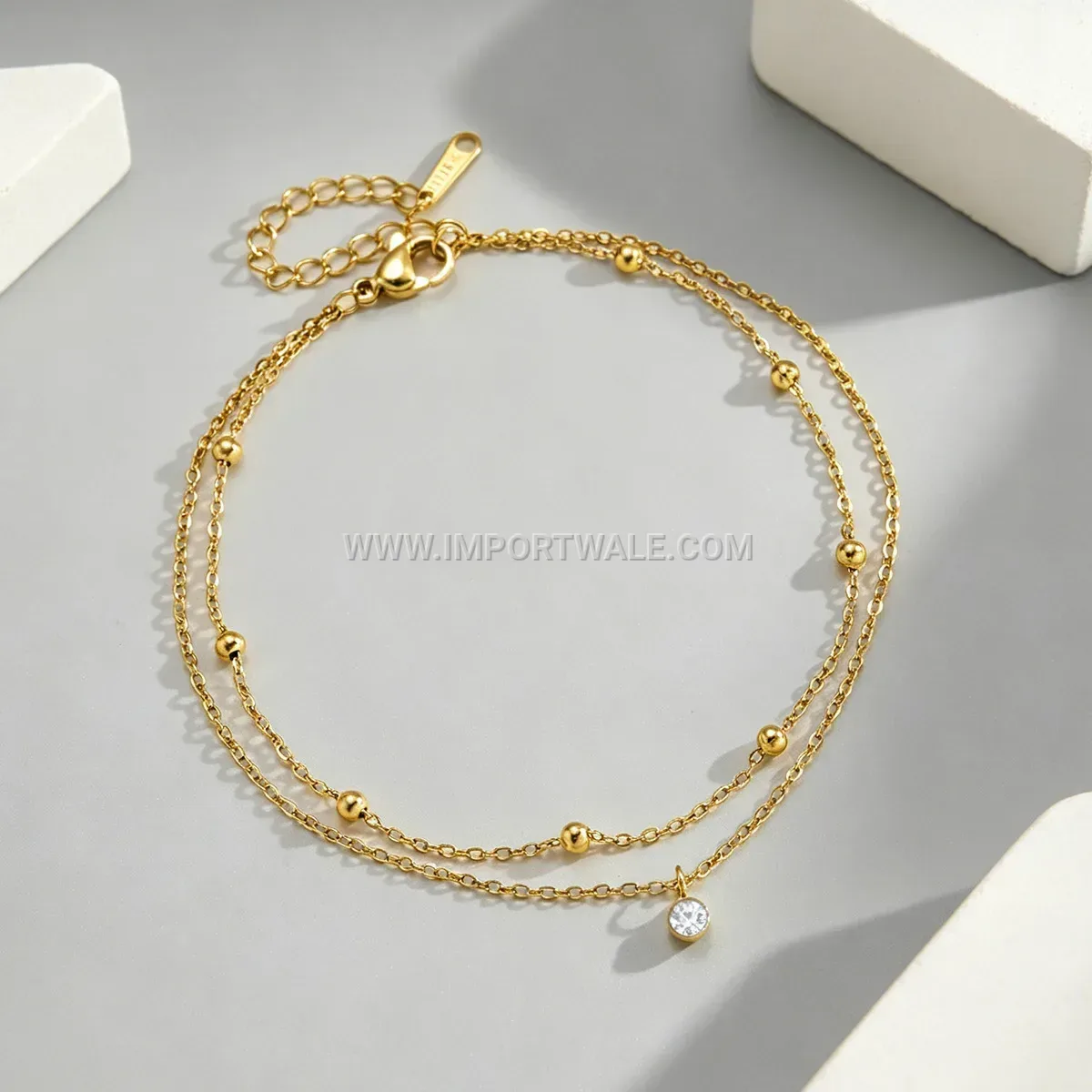 Gold Plated Stainless Steel Layered Solitaire Crystal Anklet