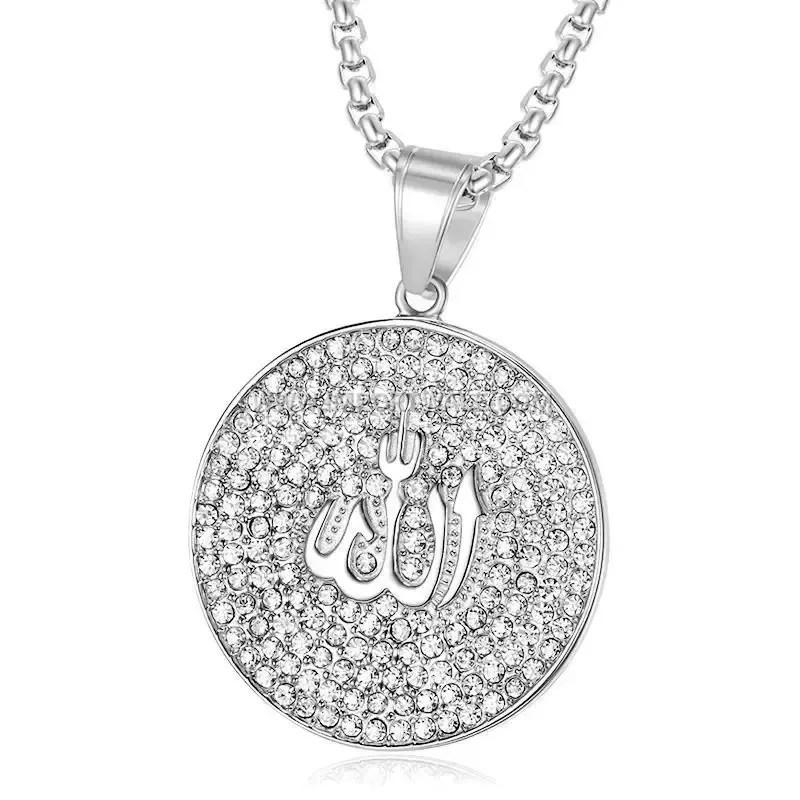 Gold Plated Stainless Steel Coin Pendant Moissanite Islamic Medal Necklace