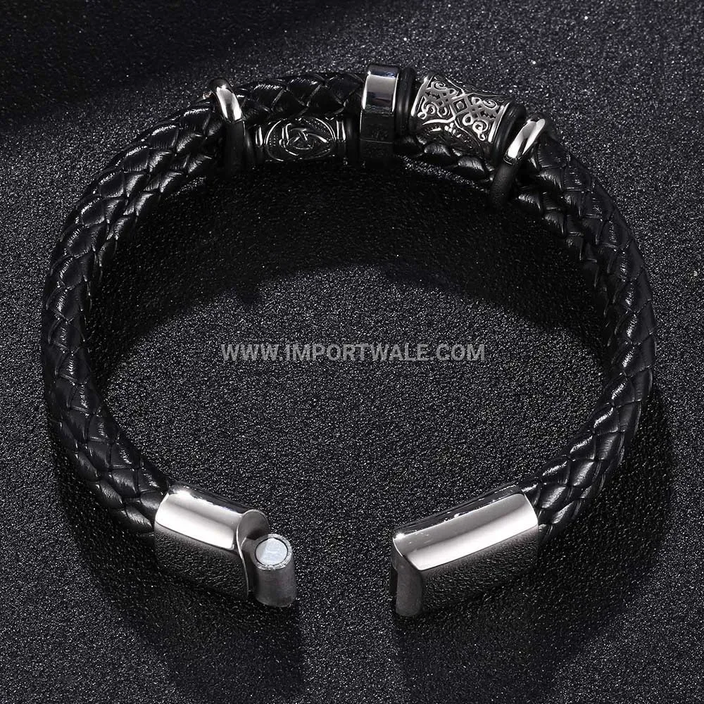 Handcrafted Beaded Leather Bracelet with Stainless Steel Accents