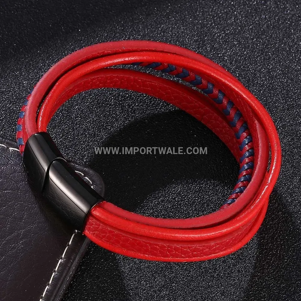 Two-Tone Woven Leather Wristband with Stainless Steel Magnetic Buckle