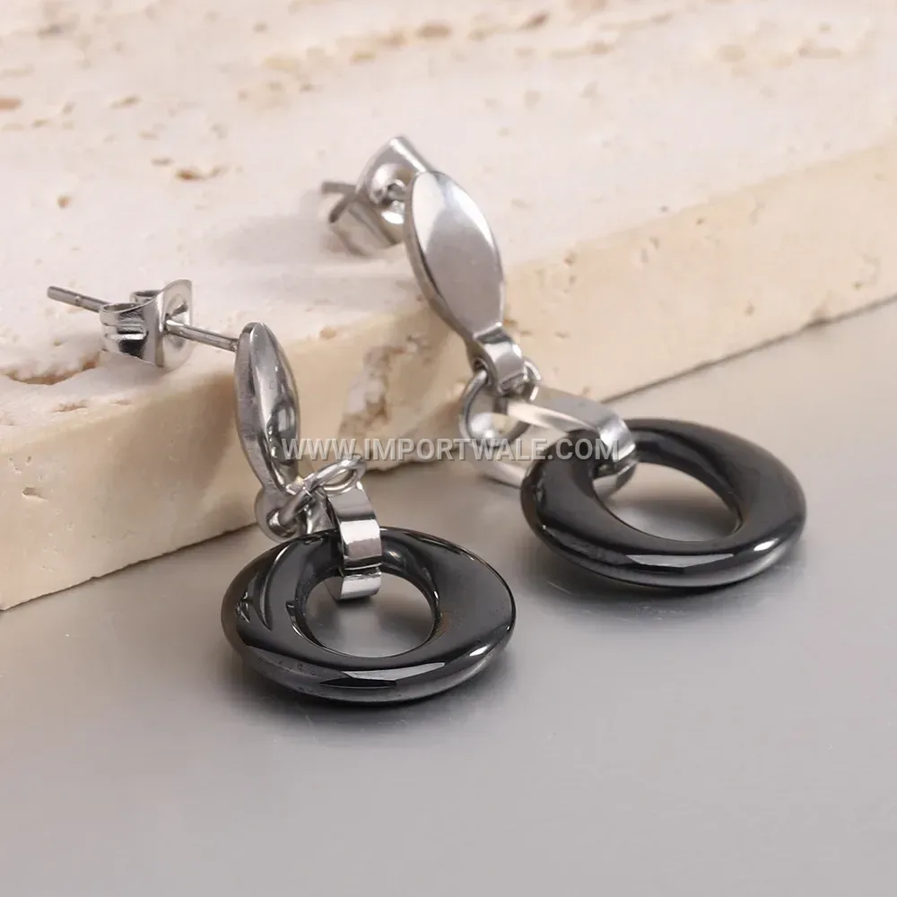 Hollow Circular Ceramic and Stainless Steel Stud Earrings