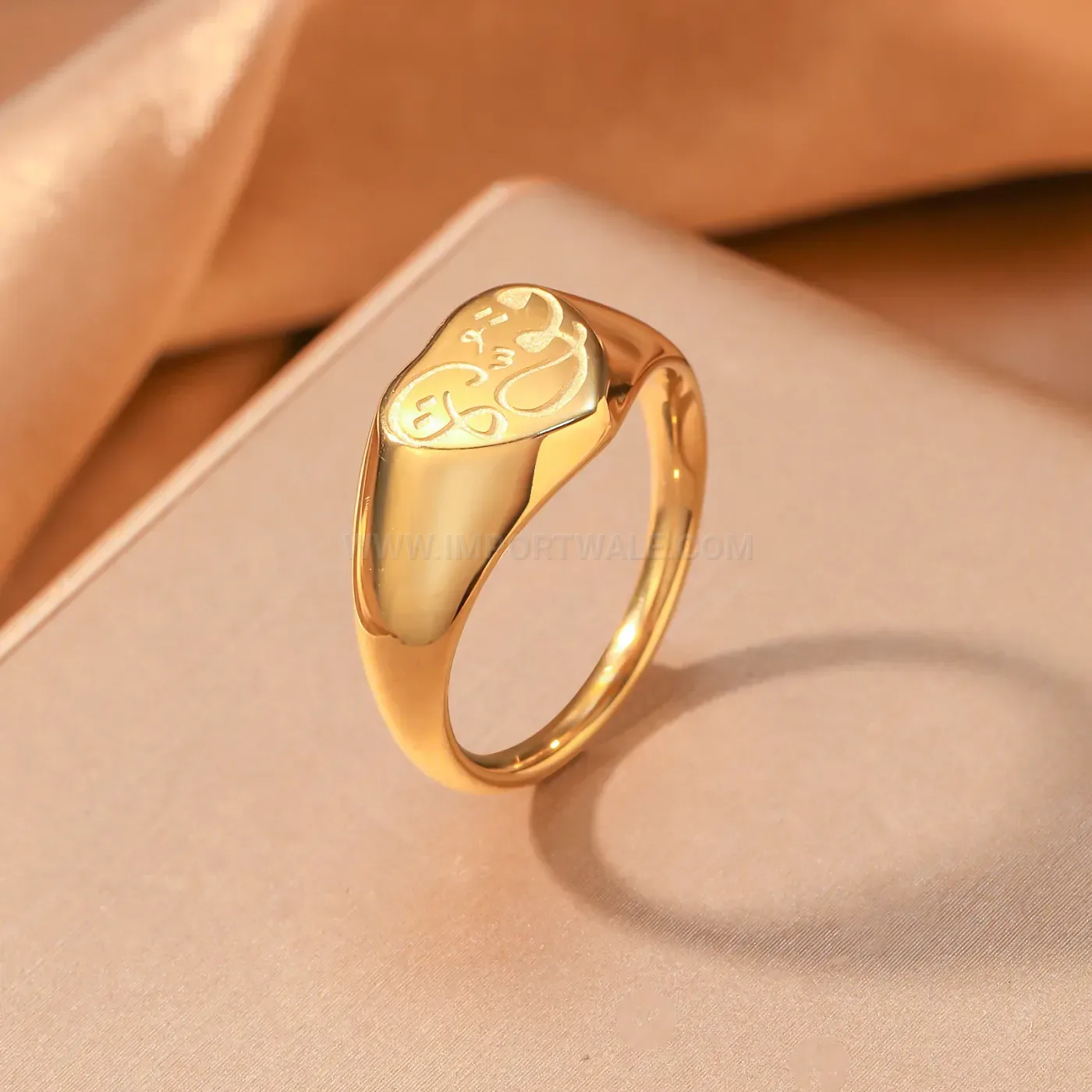Gold Plated Stainless Steel Heart Arabic Calligraphy Signet Ring