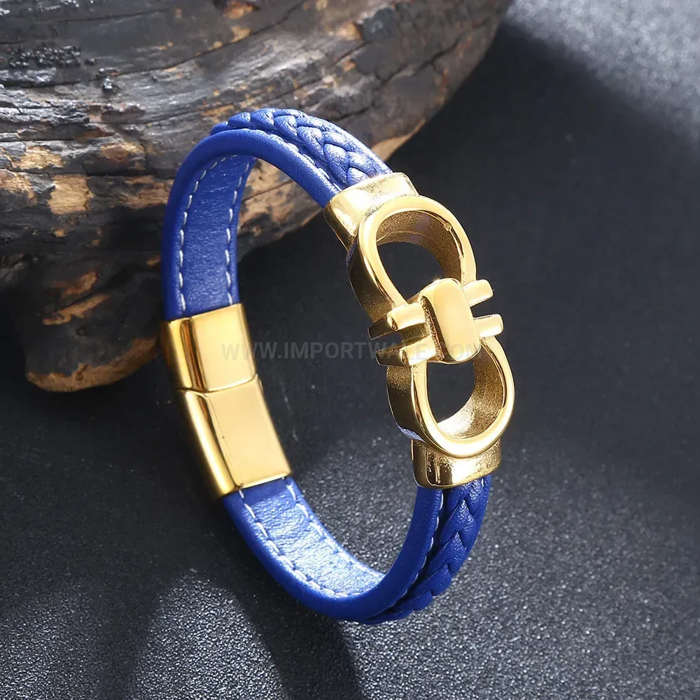 Gold-Tone Stainless Steel Leather Cuff Bracelet