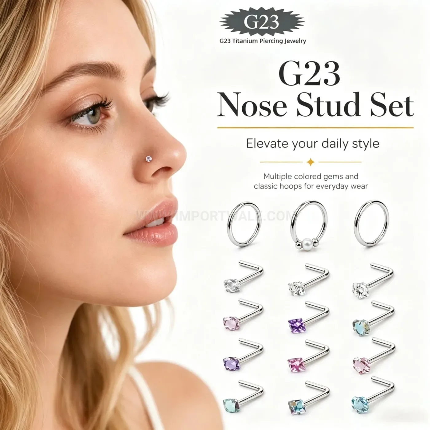 Stylish Multicolor Cubic Zirconia G23 Titanium L-Shaped Nose Stud Piercing Set