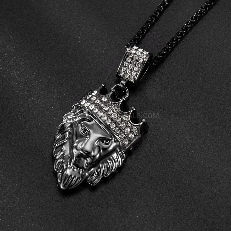 Fashion Crowned Lion Head Rhinestone Long Alloy Pendant Necklace