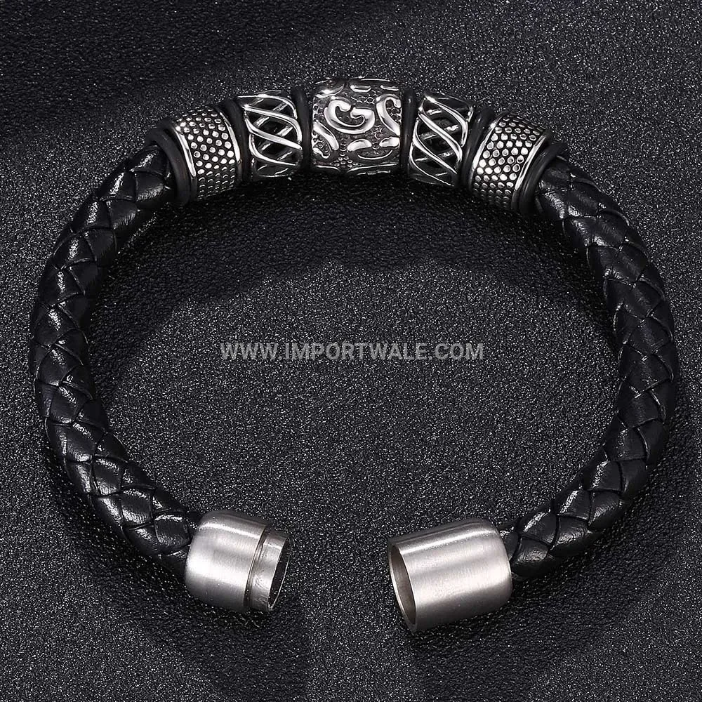 Men's Braided Leather Stainless Steel Magnetic Clasp Cuff Bracelet