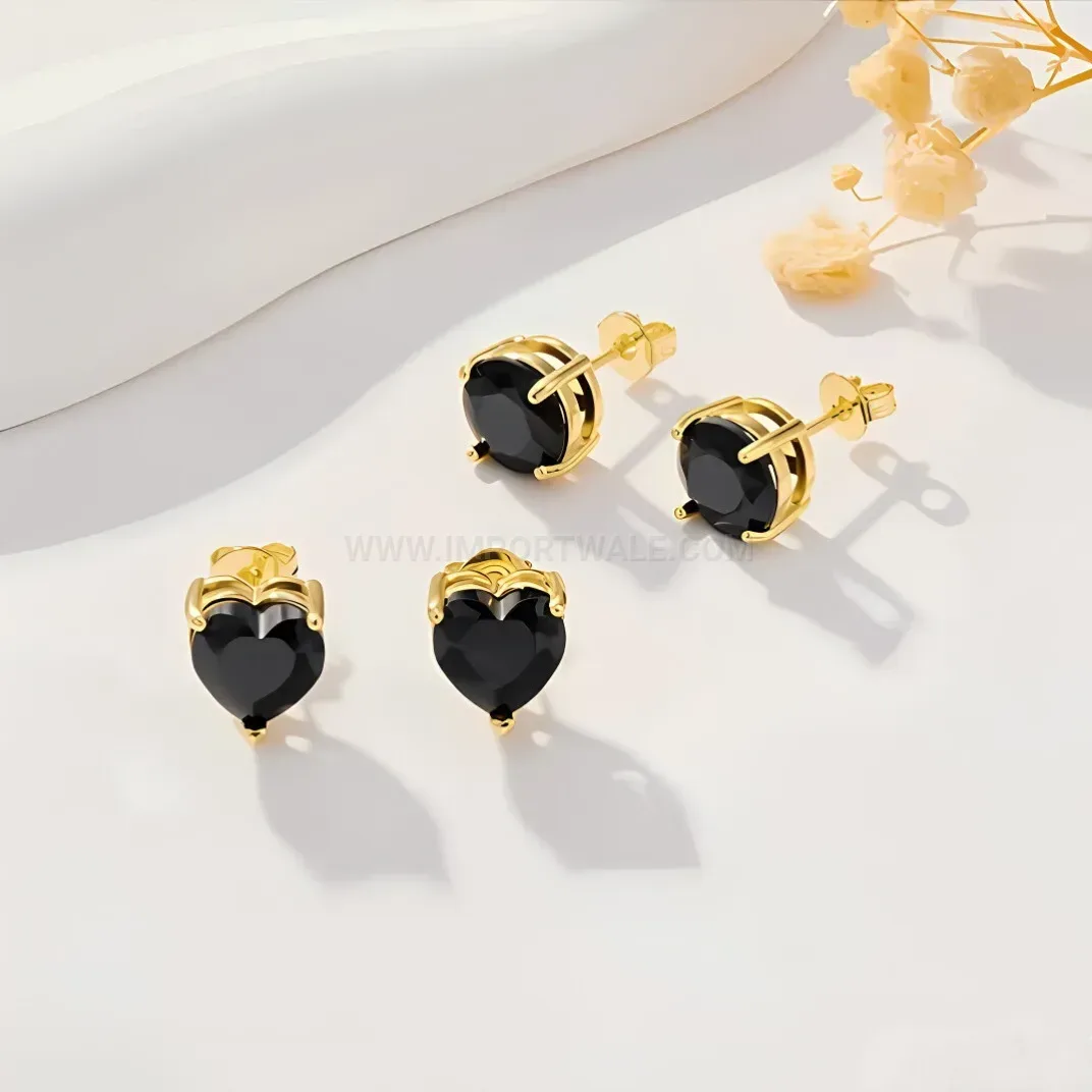 Trendy Stainless Steel Black Gemstone Heart and Round Piercing Stud Earrings Set