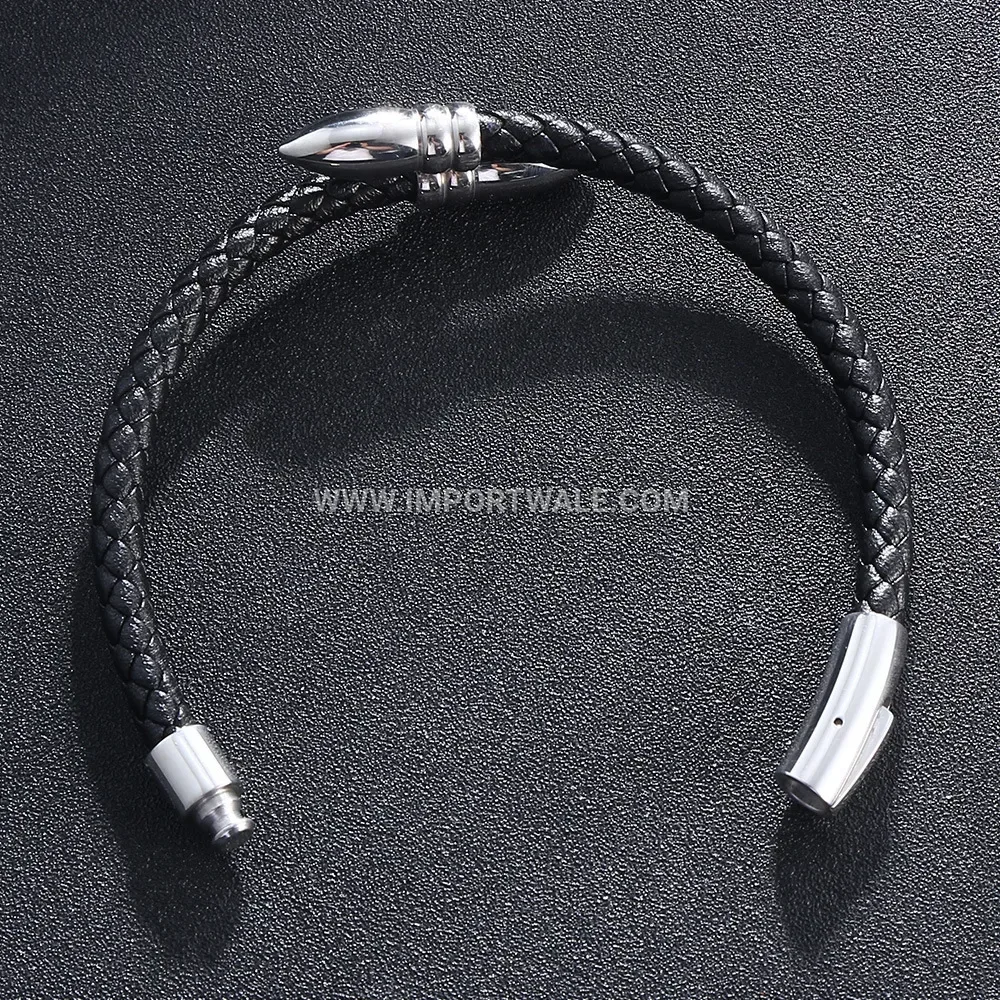Woven Leather Bracelet with Stainless Steel Bullet Accent