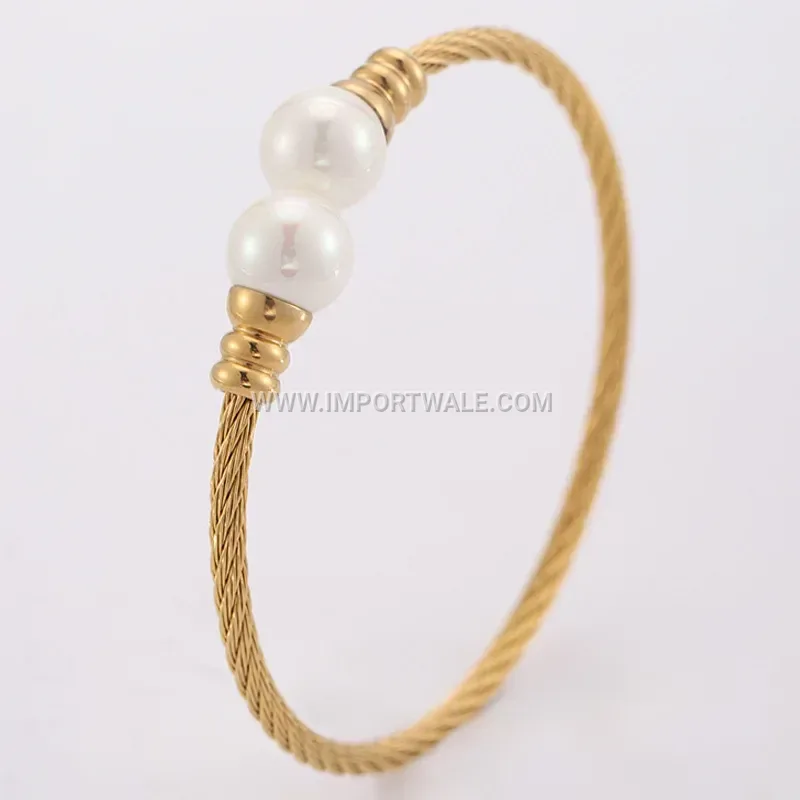 Twisted Wire 18K Gold Plated Open Cuff Bracelet with Pearl
