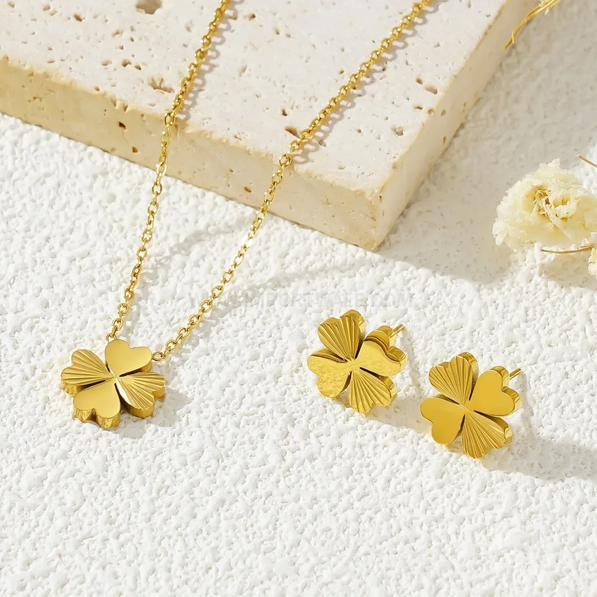 Trendy Titanium Steel Four-Leaf Clover Necklace and Earrings Set