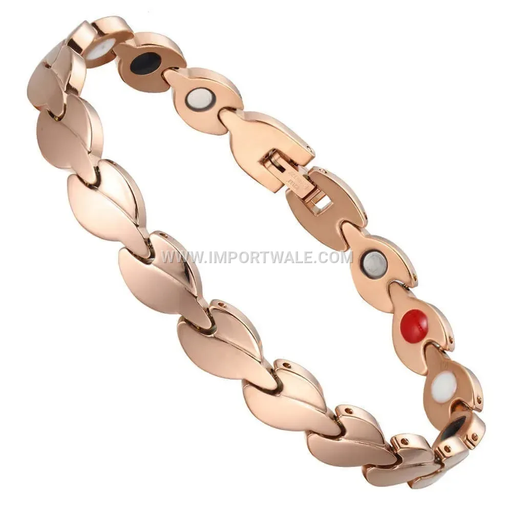 Two-Tone Stainless Steel Leaf Motif Magnetic Energy Bracelet