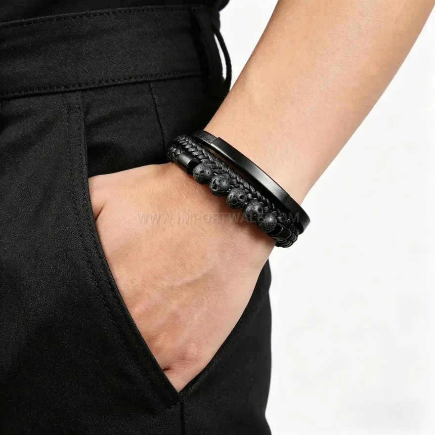 Chic Multi Layer Leather Natural Stone Bead Bracelet With Stainless Steel Accent