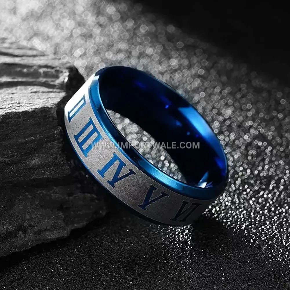 Blue Roman Numeral and Dragon Motif Ring Set